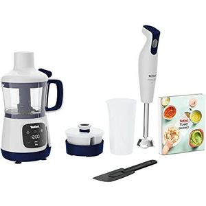 Tefal Yummy Gourmet HB55W4 babybereiding, met staafmixer, spatel, maatbeker, 2 keramische containers, receptenboek, touchscreen, BPA-vrij, vaatwasmachinebestendige accessoires, wit/blauw