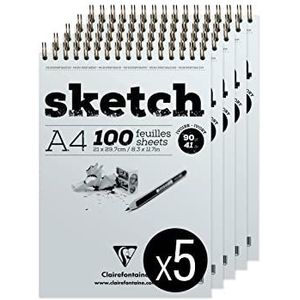 Clairefontaine 96644C – Sketch-blok – 100 vellen tekenpapier in ivoorkorrels, zeer licht, afneembare vellen, A4, 21 x 29,7 cm, 90 g, verpakking van 5 blokken