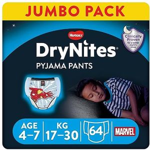 Huggies Drynites 4-7 jaar jongens (17-30 kg) - slaapkleding voor kinderen die plassen in bed – 64 broekjes (4 verpakkingen van 16 stuks)
