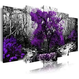 DekoArte 289 Moderne muurschildering, gedigitaliseerde kunstdruk, decoratief canvas voor woonkamer of slaapkamer, natuurlijke stijl, zwart en wit, paarse bomen, 5 stuks, 150 x 80 cm