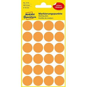 AVERY Zweckform 3173 kleefpunten (Ø 18 mm, 96 kleefpunten op 4 vellen, ronde stickers voor kalenders, planners en knutselen, mat neon oranje papier