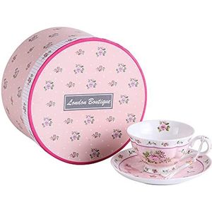 London Boutique Vintage Flora roze lavendel koffiekopjes en schoteltjes geschenkdoos van porselein (roze, 1 set)