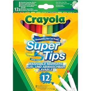 Crayola - Super Tips, wasbare viltstiften met gemiddelde punt, 12 stuks, voor school en vrije tijd, letteroefeningen, handschrift, kalligrafie, verschillende kleuren, 7509