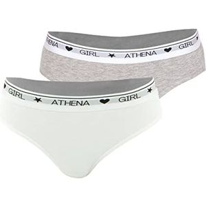 Athena - Set van 2 meisjesonderbroeken Girl by Athena – katoen, stretch, modal, ultrazacht, elastisch, breed logo, sportieve look en design – wit-grijs gemêleerd, 5 (10 jaar), Wit/China Grijs