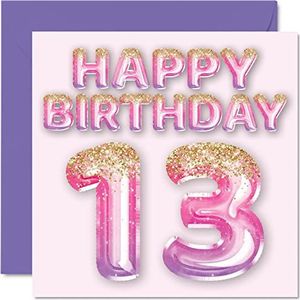 Stuff4 Verjaardagskaart voor meisjes 13 jaar, roze en paarse glitterballonnen, verjaardagskaarten voor 13e dochter, zus, kleindochter, neef, 145 mm x 145 mm