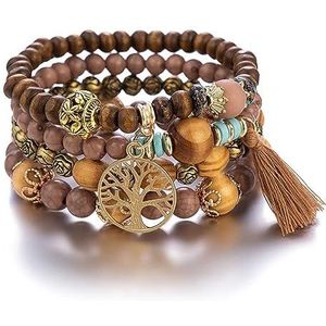 Cubahop Meerlaagse pompon houten parel stapelbare kleurrijke armband fantasiearmbanden levensboom kleurrijke elastische accessoires voor vrouwen en meisjes