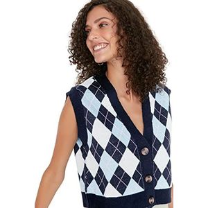Trendyol Normale geruite trui met V-hals voor dames (1 stuk), Navy Blauw