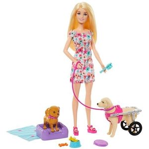 Barbie Duo voor honden, Barbie pop en accessoires, met puppy en grote hond met rolstoel, riem, voederbak, dierenbed en botlekkernijen voor kinderen vanaf 3 jaar