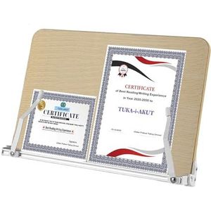 TUKA-i-AKUT Boekenstandaard van hout + aluminium, 12 verstelbare hoeken, flexibele paperclips, opvouwbare schrijfstandaard, draagbare leesstandaard voor boek, tablet, laptop, 41 x 28 cm