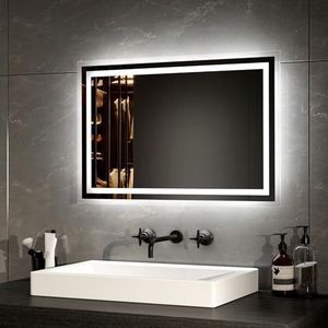 EMKE Badspiegel met verlichting, 40 x 60 cm, LED, badkamerspiegel, anti-condens, koud wit, warmwit, lichtspiegel, wandspiegel met knop schakelaar, hoogwaardig aluminium frame, IP44, energiebesparend