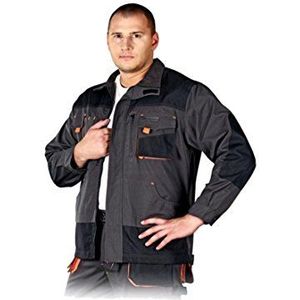 Leber & Hollman LH-FMN-J Beschermende jas voor heren, 65% katoen, 35% polyester, 270 g/m², hoge kraag, ritssluiting en klittenbandsluiting, verlengde rug, ventilatie, Staalblauw/zwart/oranje
