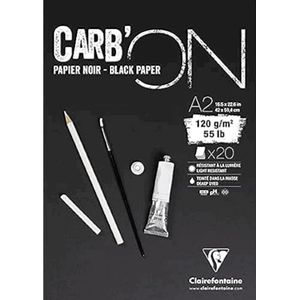 Clairefontaine 975041C Plakblok Carb'on, 20 vellen, tekenpapier, zwart, A2, 42 x 59,4 cm, 120 g, ideaal voor tekenen en schetsen met potlood of markers, wit