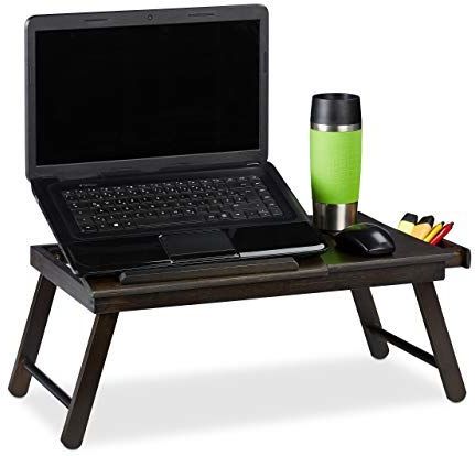 Relaxdays Laptoptafel van bamboe, 25 x 60 x 35 cm, in hoogte verstelbaar, opvouwbaar, met lade, donkerbruin