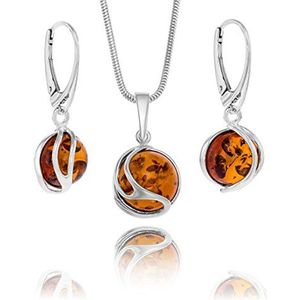 Copal Vrouwen Sieraden Set Amber Zilver 925 Hanger Bol Verstelbare Lengte Duurzame Verpakking Cadeau-ideeën voor Mama, Amber, Amber, Leder Lak barnsteen, Barnsteen