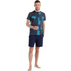 HOM Korte pyjama Alton Pajama set voor heren, Blauw/marineblauw patchwork bedrukte top, marineblauwe kousen