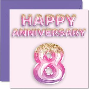 Schattige bronzen verjaardagskaart voor vrouwen, vriendin, echtgenoot, vriend, glitterballonnen, roze paars - wenskaarten voor 8e familieverjaardag, 145 mm x 145 mm