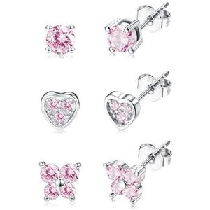 CASSIECA Set van 3 paar 925 sterling zilveren oorbellen voor dames hypoallergene oorbellen voor tieners meisjes vlinder hart roze zirkonia oorbellen, Zirkonia