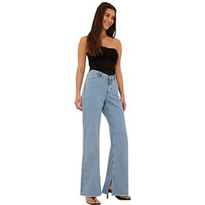 NA-KD Denim met rochem zoom en split aan de zijkant, jeans voor dames, Medium Blauw