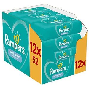 Pampers Fresh Clean babydoekjes, 624 doekjes (12 x 52 stuks), zonder alcohol, verfrissende geur, ook voor handen en gezicht, dermatologisch getest