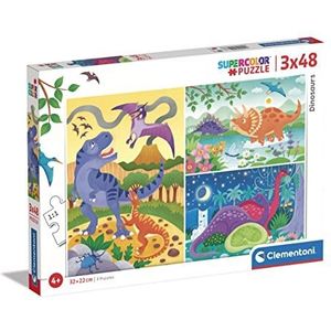 Clementoni - Supercolor Puzzel dinosaurussen 3 x 48 (bevat 3 48 stuks) kinderen 4 jaar, puzzel cartoons, gemaakt in Italië, meerkleurig, 25288