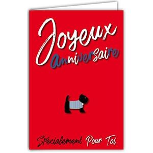 Afie Kaart Happy Birthday, hond, Schotse terriër, voor jou, gestreept, blauw, wit, rood, met envelop, formaat 12 x 17,5 cm, papier 300 g, uit duurzaam beheerde bossen, glanzend, gemaakt in Frankrijk