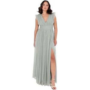 Anaya with Love Dames maxi-jurk met V-hals en korte mouwen split tule A-lijn voor bruiloft gast bruid evenement gelegenheid baljurk dames (1 stuk), Frosted Green