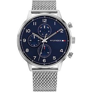 Tommy Hilfiger 1792078 Herenhorloge, analoog kwarts, multifunctioneel, kwarts, met zilveren roestvrijstalen armband, marineblauw, Marine., Armband