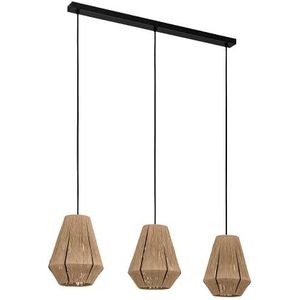 EGLO Alderney Hanglamp, stoffen kroonluchter met 3 lampen voor woonkamer en eetkamer, hanglamp van natuurlijke hennep en zwart metaal, E27 fitting