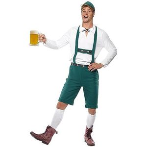 Smiffys Oktoberfest kostuum, groen, Lederhosen shorts met manchetten, top en hoed, maat XL