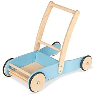 PINOLINO Uli kinderwagen van massief hout met remsysteem, loophulp met rubberen houten wielen, voor kinderen van 1 tot 6 jaar, blauw
