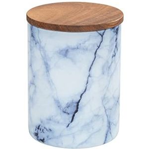 WENKO Mio opbergdoos van borosilicaatglas in marmerlook blauw/wit met luchtdicht deksel van FSC® gecertificeerd acaciahout 1 liter Ø 11 x 14,5 cm