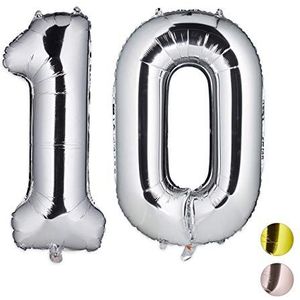 Relaxdays Ballon cijfer 10 opblaasbare verjaardag decoratie enorme bruiloft party helium 85-100cm XXL zilver