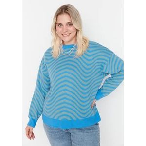 Trendyol Gestreepte trui ronde hals grote maat trainingspak dames indigo, XL, Indigo