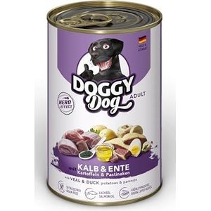 DOGGY Dog Kalfs- en eendenpaté, 6 x 400 g, natvoer voor honden, graanvrij, met zalmolie en groenlipmossel, compleet voer met aardappelen en pastinaak, gemaakt in