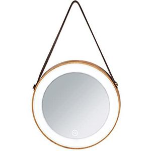 WENKO Fabriek ronde spiegel, wandspiegel, LED-spiegel, industriële stijl, Ø 20,5 x 2,6 cm, riem van kunstleer en spiegel van bamboehout