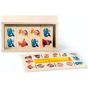 Dida - Domino Pinocchio. De protagonisten van de beroemde Pinocchio zijn in het bordspel met dominostenen en houten box voor kinderen afgebeeld.