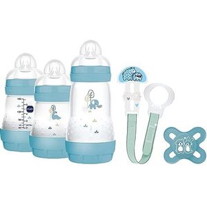 MAM Easy Start Anti-koliek welkomstset, eerste uitrusting voor baby's, met 3 anti-koliekflessen, fopspeen en fopspeenketting, cadeau voor baby's, vanaf de geboorte, blauw