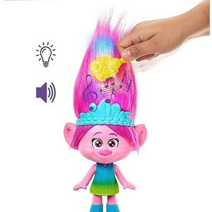 Trolls - De Trolls 3, Rainbow Hairtunes Queen Poppy Dreamworks pop met roze haar, geluids- en lichteffecten, inclusief borstel en kroon, speelgoed voor kinderen, vanaf 3 jaar, HNF20
