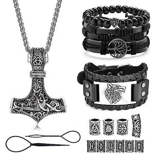 Adramata Viking-sieradenset voor heren met ketting, Thor's hamerhanger, leren armbanden, parelarmband en baardkralen