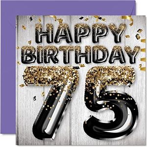 Verjaardagskaart voor heren 75 jaar - zwarte en gouden ballonnen met glitter - verjaardagskaarten voor mannen van 75 jaar, papa, opa, grootvader, oma, 145 mm x 145 mm, 75e wenskaarten