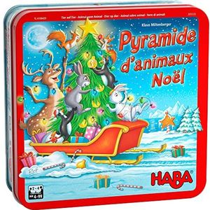 HABA - Dierenpiramide kersteditie – behendigheids- en stapelspel – metalen doos – 4 jaar en ouder – 305526 rood