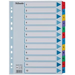 Esselte A4 1-12 scheidingsbladen, knoppen en geperforeerde strip versterkt met Mylar, robuust karton, blauw, 12 tabs met inhoudsopgave, 100162