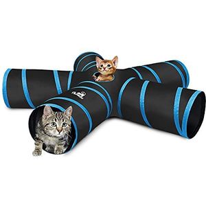 Pawaboo Kattentunnel speelgoed met pompon en bel, 5 kanalen, opvouwbaar, interactief speelgoed voor honden, katten, konijnen, zwart en lichtblauw
