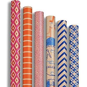 Clairefontaine 223699AMZC – een doos met 12 rollen cadeaupapier – kraftpapier vergé 60 g – afmetingen: 2 x 0,70 m – motief: kraftpapier, geometrisch, blauw, oranje, roze – geschenkverpakking