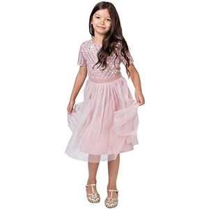 Maya Deluxe Midi-jurk voor meisjes, bruiloft, pailletten, korte mouwen, voor eindexamenfeest, verjaardag, bruidsmeisje, Frosted roze.