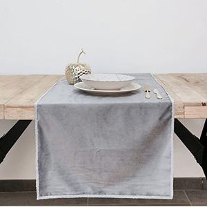 Tafelloper velours met borduurwerk, tafelloper, fluweel, tafelloper, decoratieve tafelloper voor eetkamer, keuken, grijs, 150 x 45 cm