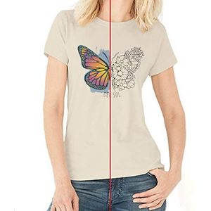 Del Sol Boyfriend dames T-shirt vlinder bloemenpatroon natuur kleur blauw wisselen in heldere kleuren in de zon 100% ringgesponnen gekamd katoen maat, Beige