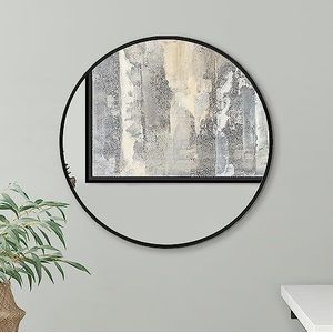 Americanflat Zwarte ronde spiegel met aluminium frame, 50 cm, ronde spiegel voor slaapkamer, hal en woonkamer, zwarte badkamerspiegel met ophangmateriaal