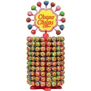 Chupa Chups - Wiel met 213 lolly's – lolly‘s met vruchtvlees + lolly‘s cola, milky en lolly‘s chocolade vanille – origineel display voor bakkerijen