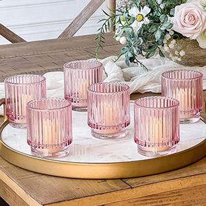 Kate Aspen Set van 6 vintage lichtroze geribbelde glazen theelichthouders - Boheemse decoratie, plankdecoratie, roségoud look | Ideaal cadeau voor gastvrouw
